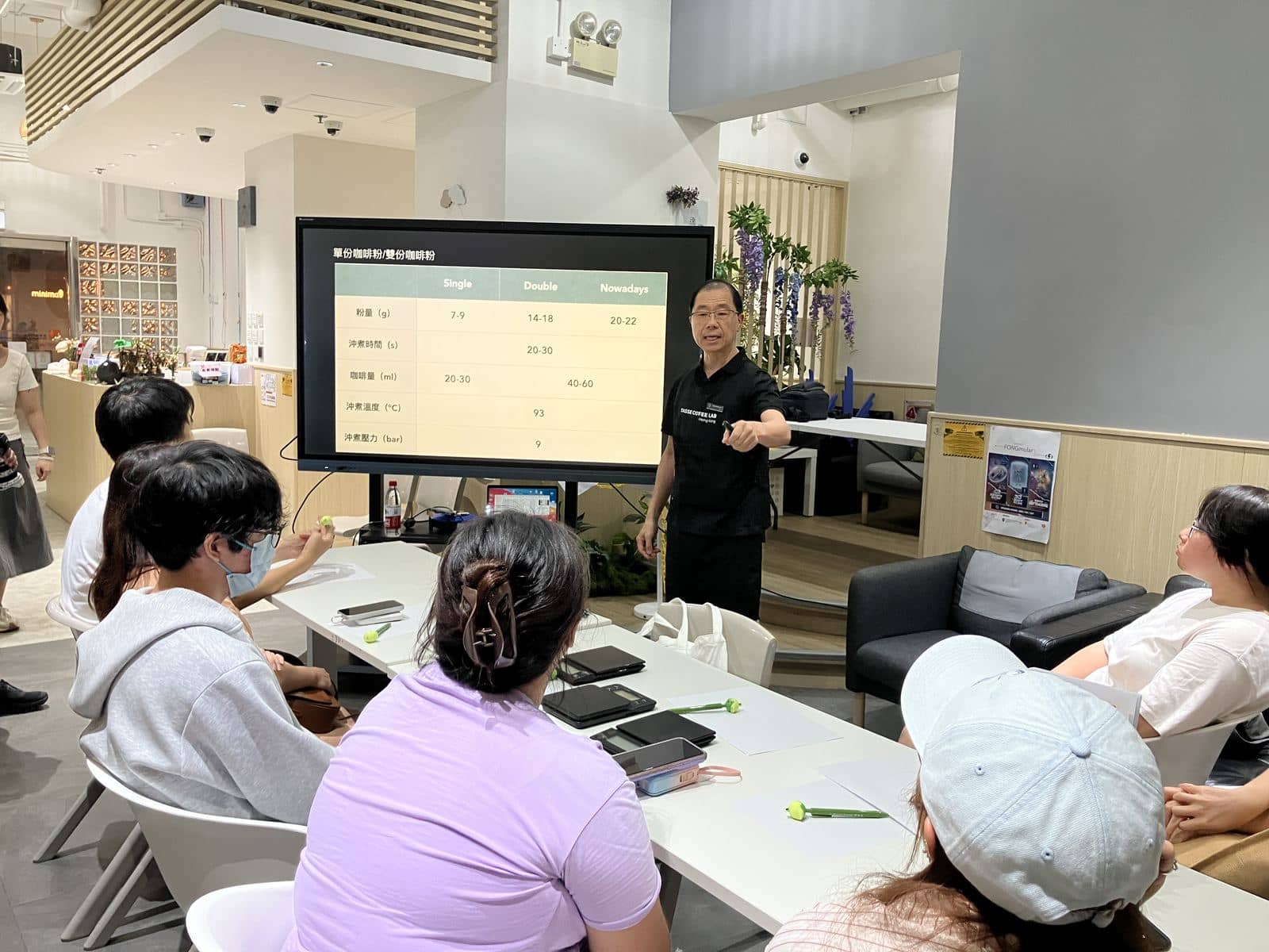 A Tasse Coffee instructor teaching an espresso workshop — brew parameters on screen, participants at the tables